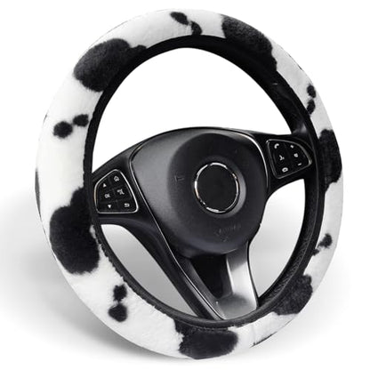 ALEMODR Cow Print Plush Steering Wheel Cover Fluffy Winter Warm Universal 15 inch for Women Girls