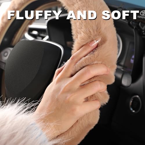 SEG Direct Furry Car Steering Wheel Cover with Gear Shift Cover, Soft and Warm, Cute Fluffy Auto Decor for Women Men, Standard Size, 2 PCS Set, Khaki - color: Khaki