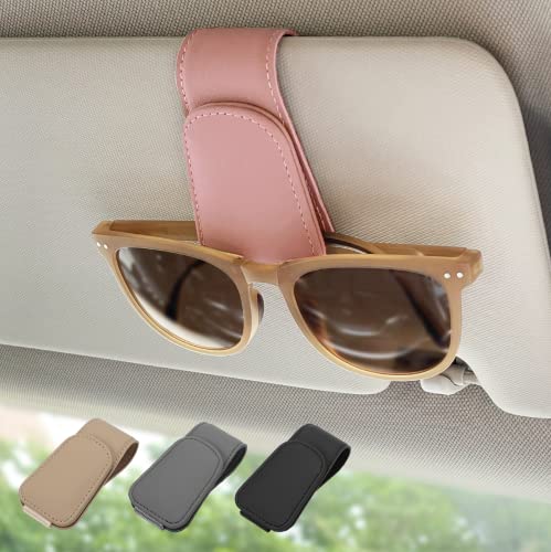 Magnetic Leather Sunglass Holder, Eyeglass Hanger Clip for Car Sun Visor, Suitable for Different Size Eyeglasses(Pink, 1 Pack) - color: Pink