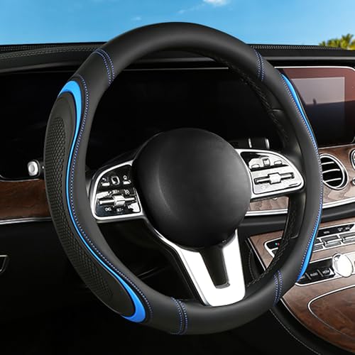 Leather Splicing Black Blue Car Steering Wheel Cover,14.5-15 Inch Universal Microfiber Leather Covers Breathable Anti-Slip Odorless Steering Wheels Accessories for Men Women - color: Leather Splicing - Black Blue