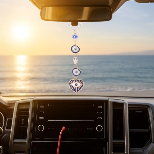 Blue Evil Eye Car Charm - Heart Evileye Rear View Mirror Hanging Ornament for Women, Suncatcher Car Accessory, Aesthetic Beaded Lanyards for Cars Window Balcony Decor - style: Blue Evil Eye