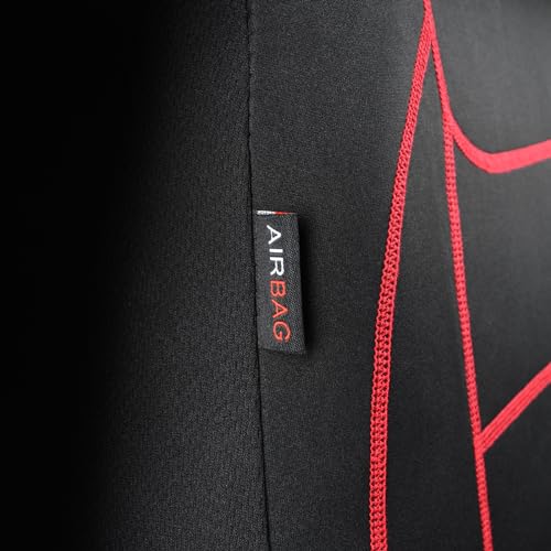 Flying Banner car seat Covers Quality Carbon Fiber Air Mesh Fabric Sport Low High Back Bucket Back Pocket Arm Rest (2 Fronts - Low Bucket - Neoprene, Red Thread)