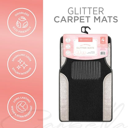 Carbella Glitter Bling Car Mats 4-Piece Set, Two-Tone Shiny Carpet Car Floor Mats, Stain-Resistant Floor Mats for Cars for Women, Universal Car Mat Set, Automotive Floor Mats - White Pearl