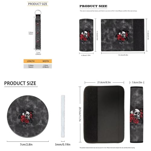 Red Rose and Skull Print 17 Pcs Car Seat Cover Full Set, Car Seat Cover Thickened Non-Slip Floor Mats Steering Wheel Cover Keychains Seatbelt Pad Armrest Cover Cup Coasters - color: Red Rose and Skull Print
