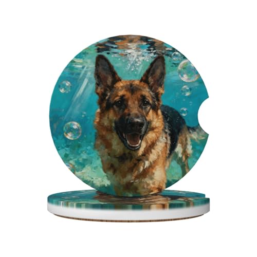 German Shepherd Underwater 2 Pack Car Cup Holder Coasters Absorbent Ceramic Drink Coasters 2.56" Anti Slip Cup Mat with Cork Base and Finger Notch Auto Accessories Interior for Women Men - color: Purple