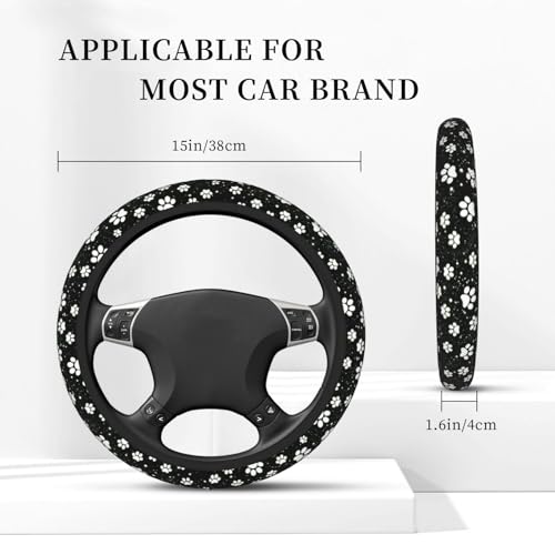 Paw Print Steering Wheel Cover - Black White Dog Paw Steering Wheel Protector Neoprene 15Inch Car Accessories 2 Pcs Car Coasters for Women Men - color: Black White Dog Paw