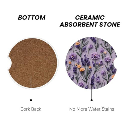 Absorbent Ceramic Car Coasters for Cup Holders, Purple Lavender Flower Design 2.56" Anti Slip Universal Drink Cup Coasters for Women Men (2 Pack) - color: Purple Lavender Flower