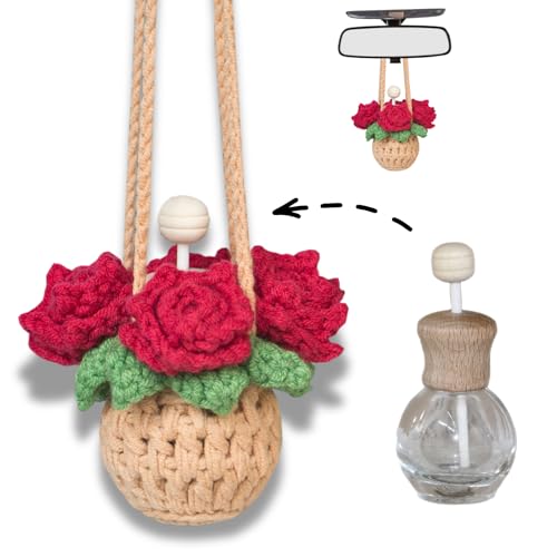 ROFIGL Handmade Crochet Hanging Car Air Freshener - Romantic Red Rose Design, 12ml Refillable Thick Glass Bottle, Car Diffuser for Rearview Mirror, Home & Office Romantic Decor - style: Rose