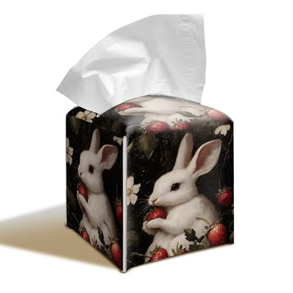 Spring Rabbit 5.2-Inch Square PU Leather Tissue Box Cover – Easter Bunny Art, Hand-Stitched, Removable Liner, Bathroom, Bedroom, Living Room, Office, Car - color: Rabbit