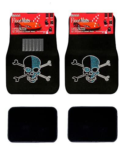 Universal Fit Car Truck Front/Rear 4-Piece Full Set Crystal Bling Rhinestone Design Studded Black Carpet Floor Mats (Blue Skull-Black) - color: Blue Skull-Black