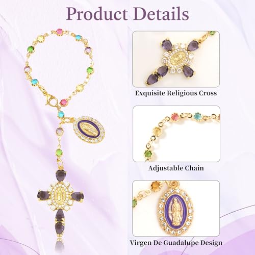 Virgen De Guadalupe Car Charm - Steering Wheel Accessory & Rearview Mirror Hanging, Cross Pendant Automotive Protection Decor - color: Gold-purple