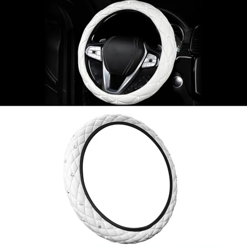 Bling Car Steering Wheel Covers, Leather Anti Slip Elastic Vehicle Steering Wheel Protector with Crystal Rhinestones, Auto Interior Decor Accessories for Women Girls, Universal Fit (White) - color: White