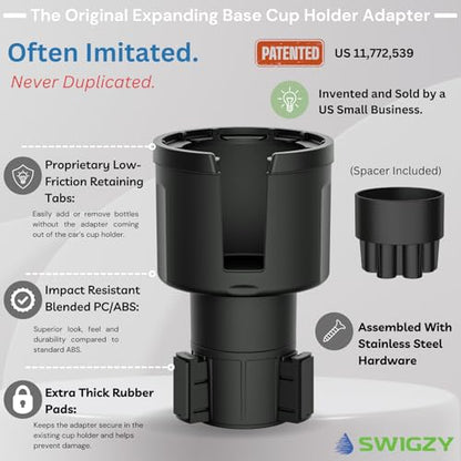 Swigzy Car Cup Holder Expander (Long Base) - Adjustable Expandable Insert Extender, Automotive Adapter Holds Hydro-Flask, Yeti, Nalgene, Large (32 40 oz) Water Bottles, Big Drinks - Universal - color: Black, size: Holds 18-40 oz (Long Base)
