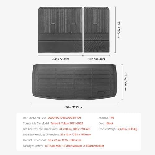 VEVOR Cargo Mats Compatible Tahoe & GMC Yukon 2021-2024, Custom Fit TPE Cargo Liner Set for SUVs, Trunk and Rear Back Seat Protector Replacement, Trunk Mat and Backrest Mats - style: Tahoe/GMC Yukon 2021-2024