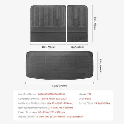VEVOR Cargo Mats Compatible Tahoe & GMC Yukon 2021-2024, Custom Fit TPE Cargo Liner Set for SUVs, Trunk and Rear Back Seat Protector Replacement, Trunk Mat and Backrest Mats - style: Tahoe/GMC Yukon 2021-2024