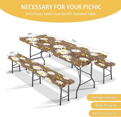 Bee Daisy Picnic Table Cover with Bench Covers Waterproof Windproof Elastic Fitted Outdoor Camping RV Tablecloths with Drawstring Bag Reusable Rectangle Rectangle Tables and Seats Cover 30X72IN - color: Brown/Yellow, size: 30" x 72" (Rectangular)