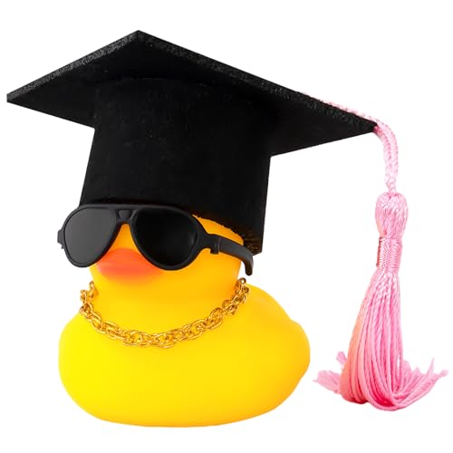 wonuu Car Dashboard Decor Graduation Hat Rubber Duck, Car Ducks Ornaments with Mini Hat Necklace Sunglasses Scarf (Pink) - color: Pink