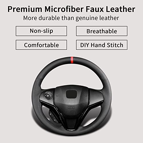 Universal 15 Inch Hand Sewn Steering Wheel Cover Stitch on Wrap with Red Regression Sign,Non-Slip Breathable Comfortable Microfiber Leather Steering Wheel Sewing Kit,11 cm