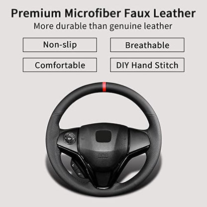 Universal 15 Inch Hand Sewn Steering Wheel Cover Stitch on Wrap with Red Regression Sign,Non-Slip Breathable Comfortable Microfiber Leather Steering Wheel Sewing Kit,11 cm