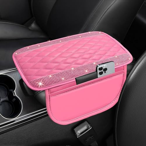 NBTEPEM Bling Pink Car Center Console Cover, Leather Car Arm Rest Cover with 2 Storage Bags, Universal Auto Armrest Protector Storage Box, Pink Bling Accessories Interior for Most Vehicles - color: Pink Leather Diamond