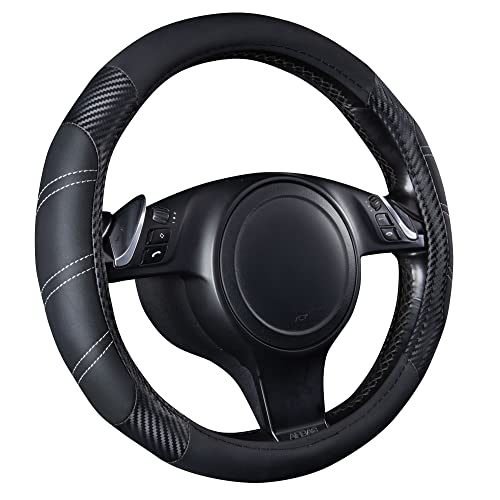 CAR PASS Line Rider Microfiber Leather Sporty 14.5-15 inch Steering Wheel Cover Universal Fits for 95% Truck,SUV,Cars, Anti-Slip Safety Comfortable Design (Black Carbon Fiber)