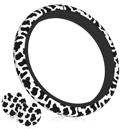 Cow Print Steering Wheel Cover - Cattle Print Steering Wheel Cover Anti-Slip Breathable Universal for with 2 Pieces Car Coasters Suitable for Men Women - color: Cow Print