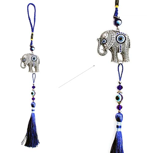 LUCKBOOSTIUM Evil Eye Elephant Keychain with Blue Bead Tassel - Decorative Evil Eye Keychain for Blessing and Goodluck - Elephant Bag Charm, Rear View Mirror Accessories, Office & Home Decor (2”x12”) - color: Elephant Tassel 4