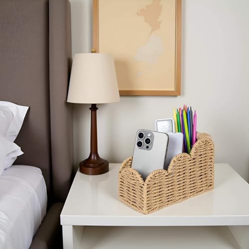 CubesLand Bedside Table Desk Organizer Caddy, Remote Pen&Pencil Holder Cup, Makeup Brush Holder w/Scalloped Perfect for Home, Office Desk, Living Room Table Decor, 3 Slots Beige - color: Beige