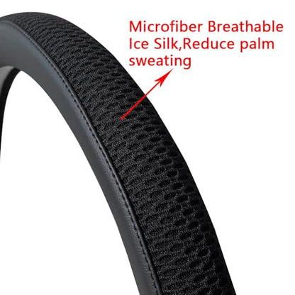 38cm Car Steering Wheel Cover, Universal 15 inch, Microfiber Breathable Ice Silk,Warm in Winter and Cool in Summer, Anti-Slip, Odorless, Easy to Install - color: BLACK