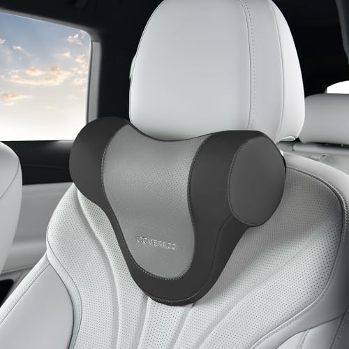 Coverado Car Headrest Pillow, Ergonomic Memory Foam Car Neck Pillow for Driving Seat with Adjustable Strap, Soft PU Leather Breathable Removable Cover Neck Support for Neck Pain Relief - color: Blackgray, size: Headrest Pillow
