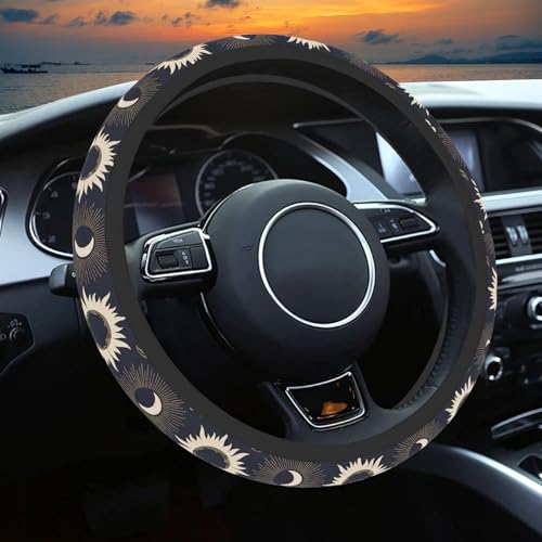 Sun Moon Steering Wheel Cover, Cute Print Elastic Steering Wheel Cover Protector, Ultra-Thin Skin-Friendly and Breathable, Car Accessories for Men, for Steering Wheel with a Diameter of 14.5"-15" - color: Sun Moon