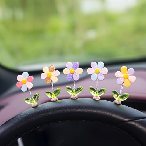 7PCS Cute Car Dashboard Decorations, Shaking Spring Flower & Funny Bunny Vehicle Center Console Ornament, Automotive Rearview Mirror Decor for Men Women, Universal Fit