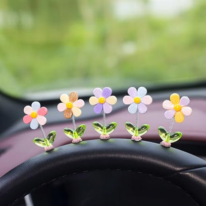 7PCS Cute Car Dashboard Decorations, Shaking Spring Flower & Funny Bunny Vehicle Center Console Ornament, Automotive Rearview Mirror Decor for Men Women, Universal Fit