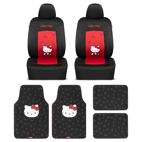 Hello Kitty Car Seat Covers - Stylish Black and Red Front Seat Covers with 4PC Carpet Car Floor Mats - Universal Fit for Cars, SUVs & Trucks - Black with Red Bow & Hello Kitty Print - color: Covers & Carpet Mats-Pink, style: Hello Kitty