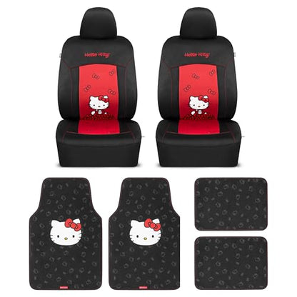 Hello Kitty Car Seat Covers - Stylish Black and Red Front Seat Covers with 4PC Carpet Car Floor Mats - Universal Fit for Cars, SUVs & Trucks - Black with Red Bow & Hello Kitty Print - color: Covers & Carpet Mats-Pink, style: Hello Kitty