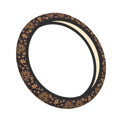 Elastic Sun Moon Leaves Car Steering Wheel Cover Protector Upgrade Thicken,Gold Boho Black,Anti Slip Durable Soft Car Interior Decor for Diverse Cars Truck SUV for Men Women Universal 15 Inch