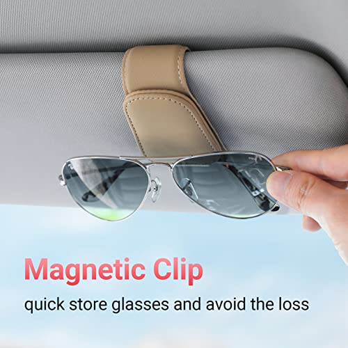 Sunglass Holder for Car Visor Sunglasses Clip Magnetic Leather Glasses Eyeglass Holder Interior Car Accessories for Woman Man - 2 Packs Beige - color: Beige