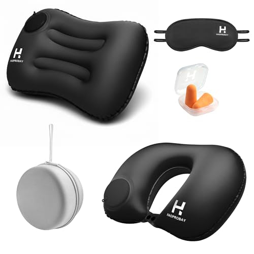 Travel Pillow and Lumbar Support Pillow Set 4 in 1 - Neck Pillow, lumbar Pillow, Eye Mask & Earplugs - Press-to-Inflate Design, 360° Breathable Support for Airplane, Car Travel, Office Nap (Black)