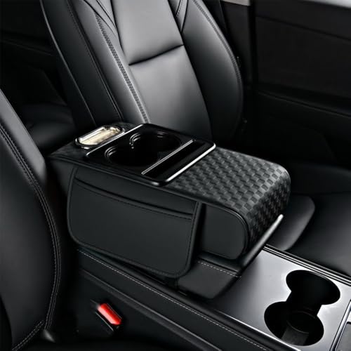 5 in 1 Car Center Console Cover, Car Armrest Cover with Cup Holder, Storage Pockets, Tissue Box Slot, Phone Holder, Car Interior Accessories (Black) - color: Black