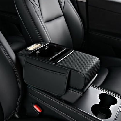 5 in 1 Car Center Console Cover, Car Armrest Cover with Cup Holder, Storage Pockets, Tissue Box Slot, Phone Holder, Car Interior Accessories (Black) - color: Black
