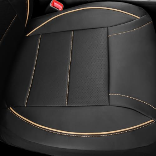 CAR PASS Universal FIT Piping Leather Two Front Seat Covers, Waterproof Faux Leather for SUV Sedan Van Truck, Airbag Compatible,Reserved Opening Holes for Headrest Covers. (Black and Beige) - color: Black Beige