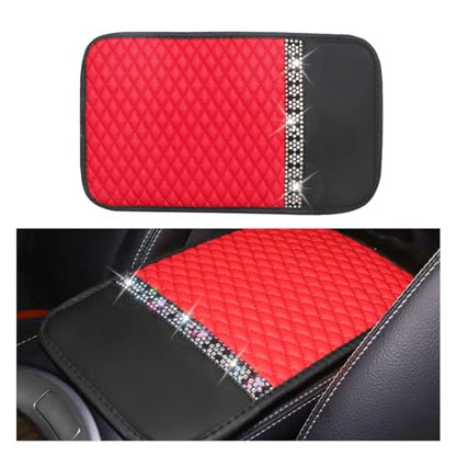 Bling Leather Car Armrest Seat Box Cover, Car Console Armrest Cover with Crystal Rhinestones, Anti-Scratch Waterproof Auto Center Console Protector Cushion Pad for Car SUV Truck (Red) - color: Red