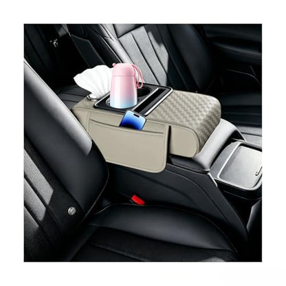 Car Center Console Armrest Pillow, 5-in-1 Armrest Box Cover with Cup Phone Holder & Storage Pocket Tissue Box, Multifunctional Auto Middle Console Arm Rest Protector, Universal Fit (Beige) - color: Beige