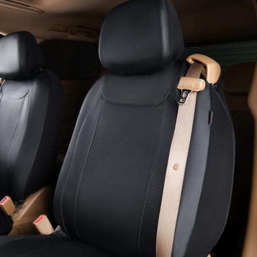 Flying Banner car seat Covers Quality Carbon Fiber Air Mesh Fabric Sport Low High Back Bucket Back Pocket Arm Rest (2 Fronts-Low Bucket-Built-in Seatbelt Compatible, Black - Faux Leather) - color: Black - Faux Leather -- Built-in Seatbelt Compatible, size