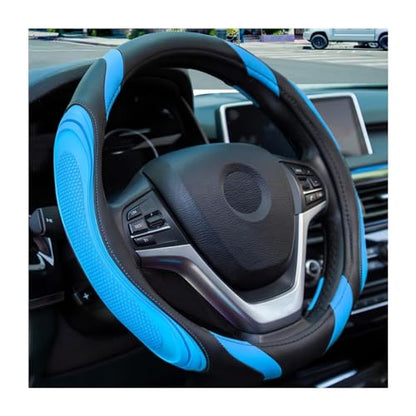 15 Inch Car Leather Steering Wheel Cover, Automotive Accessories Elastic Breathable Anti-Slip Soft Wheel Protector Fits Men and Women, Suitable for SUVs, Trucks, Vehicles and RVs (Blue) - color: Blue