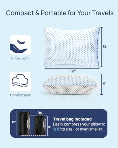 Small Cooling Memory Foam Travel Pillows for Airplanes Sleeping, Compressible Camping Pillow, Mini Adjustable Shredded Foam Bed Pillow for Medium Firm Neck Knee Lumbar Support, Ideal Car, Backpacking - size: S - 16 x 12 Inch