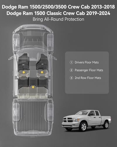 3W Floor Mats Fit for 2013-2018 Dodge Ram 1500/2500/3500 Crew Cab, 2019-2024 Ram 1500 Classic Crew Cab All Weather TPE Custom Fit Accessories Floor Liner for Dodge Full Set Car Mats - size: 13-18 Ram 1500 Floor Mats