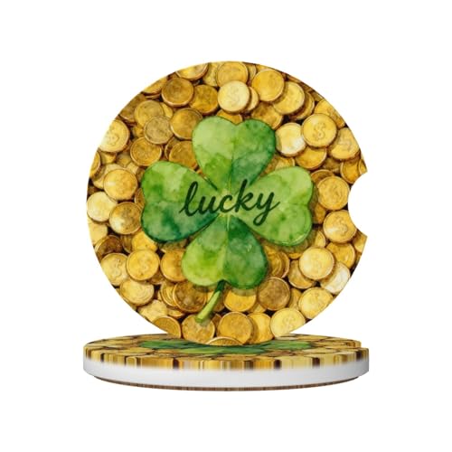 Lucky Four Leaf Clover Gold Coin 2 Pack Car Cup Holder Coasters Absorbent Ceramic Drink Coasters 2.56" Anti Slip Cup Mat with Cork Base and Finger Notch Auto Accessories Interior for Women Men - color: Green