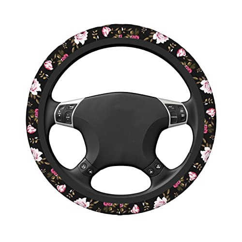 Peony Flower Steering Wheel Cover Women Men Elastic Stretch Soft Car Wheel Protector Universal Breathable No-Slip Car Accessories for Truck Van SUV Auto Fit 14-15 Inches