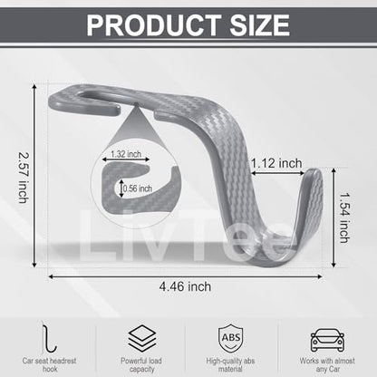 LivTee Car Purse Hook, 4 Pack Universal Auto Seat Headrest Hook Hangers Organizer for Coats, Umbrellas, Groceries - Carbon Fiber Gray - color: Gray-CF